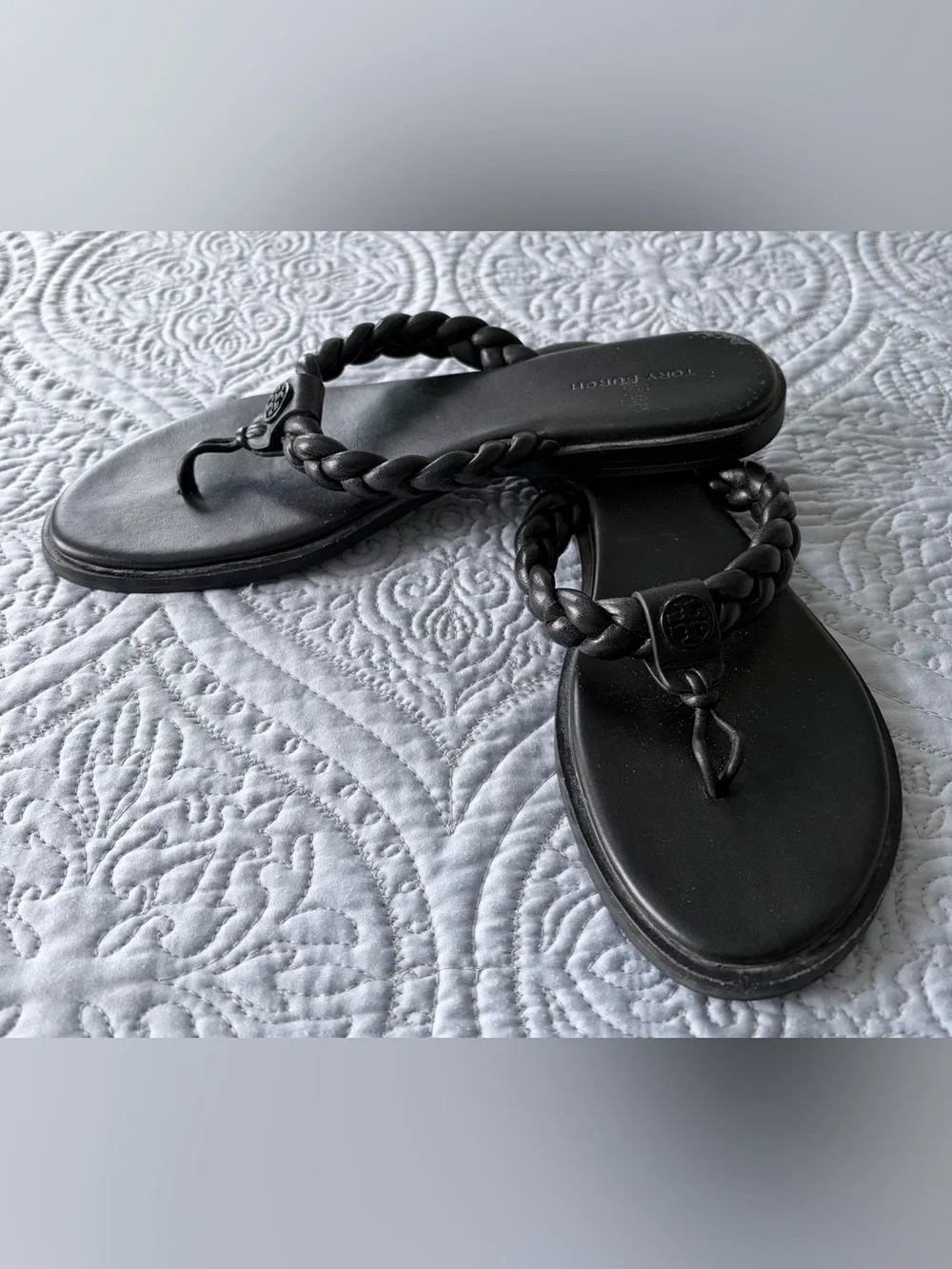 Tory Burch Black Braided Leather Thong Sandals with Logo Accent